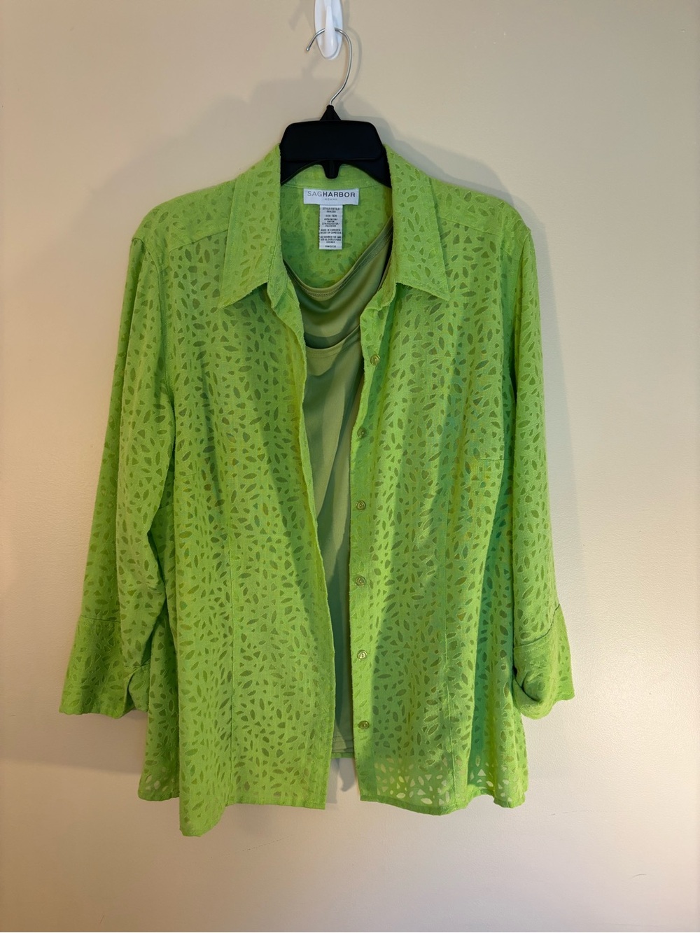 Sag Harbor Lime Green Crochet Button-Down with Tank